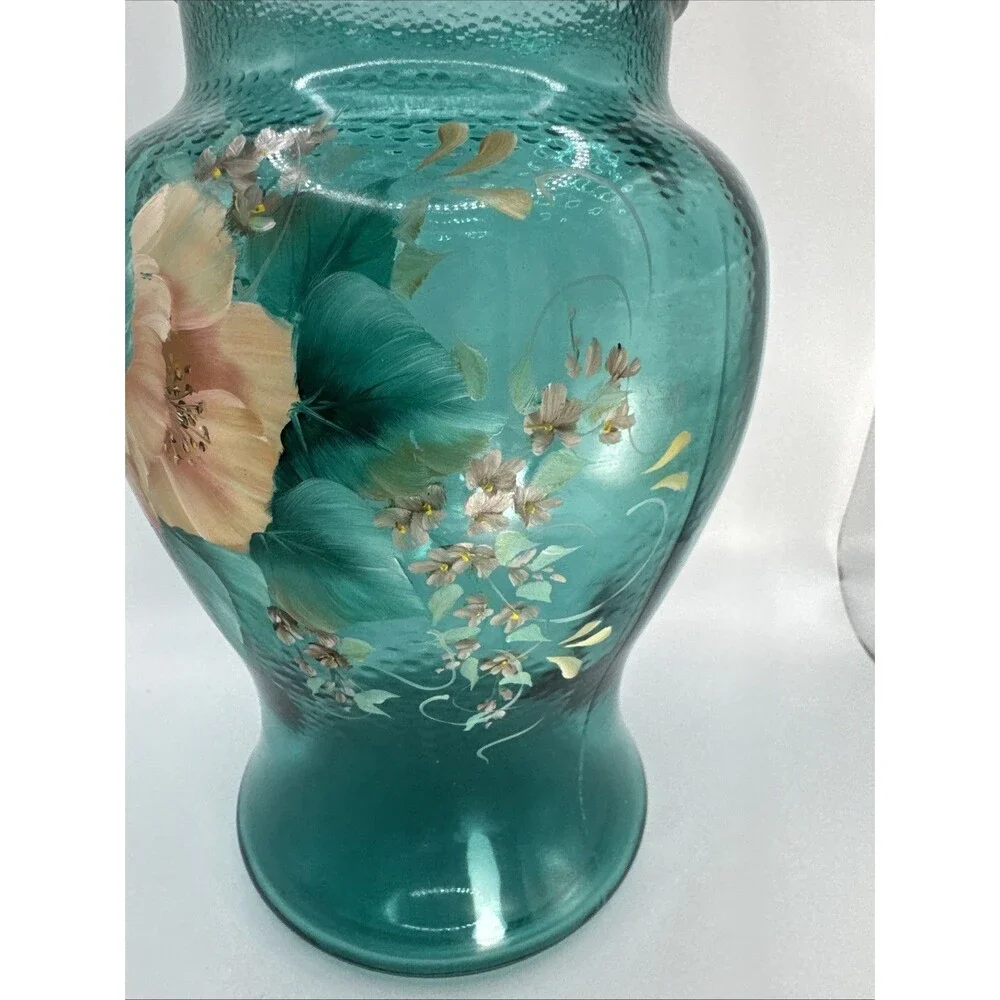Vintage Hand Painted  Pink Floral On Teal Vase Signed Edwards 9x6.5” Cottagecore